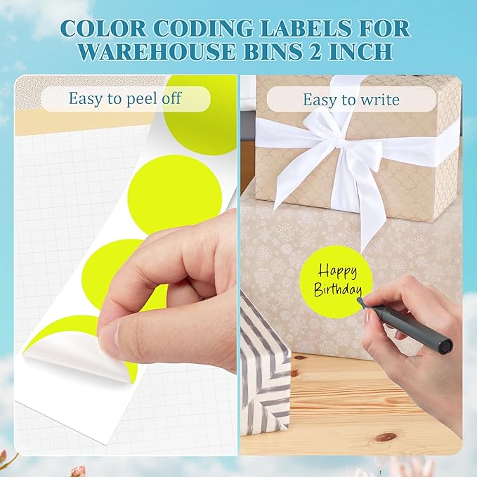 2 Inch Round Color Coding Labels (500 Count) - Fluorescent Yellow Dot Stickers Circle Labels with Dispenser Box for Warehouse, Filing, Industrial, Office Organization