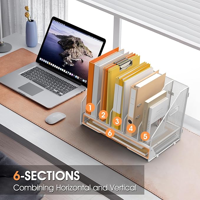 OrgMate Desk File Folder Holder Organizer-5 Vertical Compartments Racks and Paper Letter Tray,Mesh Magazine File Holder Sorter,Desktop Accessories & Workspace Organizers for Home,Office,School-White