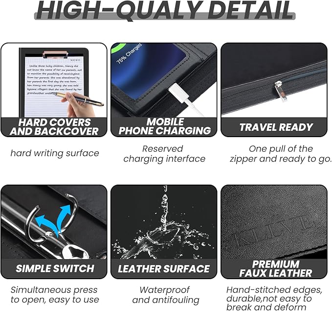 KLLVE Clipboard with Storage for Men Women, Leather Padfolio Portfolio with Zipper, 1 Inch 3 Ring Binder 5 Dividers, Notepad for Letter Size, Elastic Closure and Pen Loop, Card Slot Black