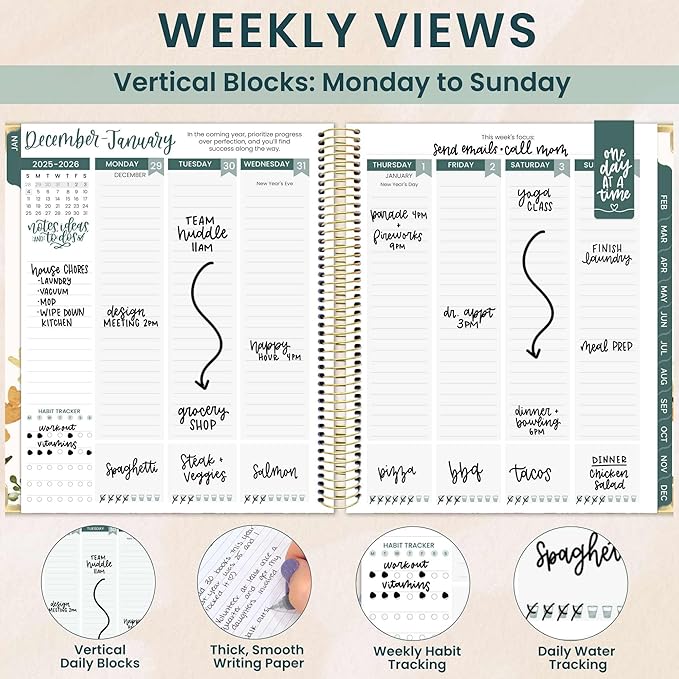 bloom daily planners 2026 Hardcover Calendar Year Goal & Vision Planner (January to December) - Monthly & Weekly Agenda Organizer - 7.5" x 9" - Beige Bouquet