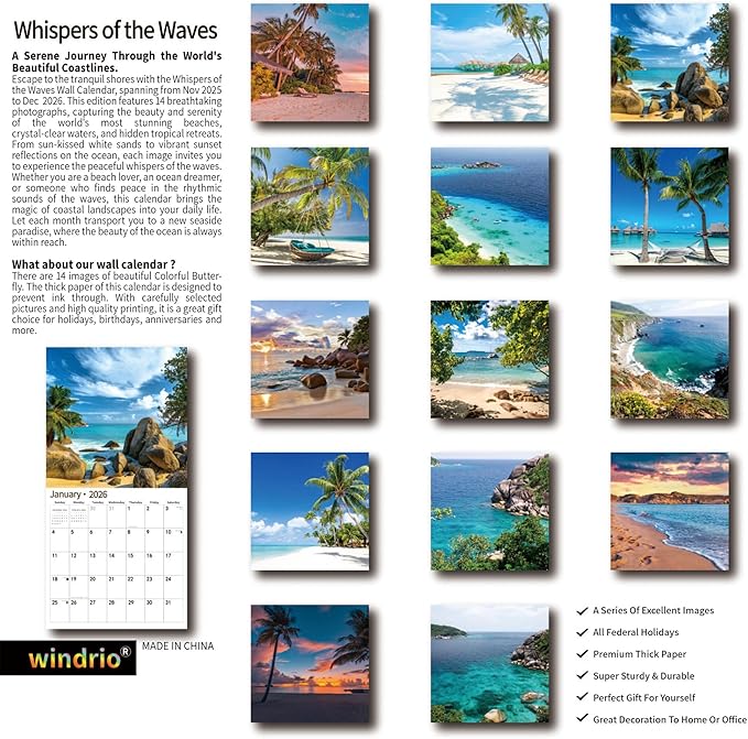 2026 Wall Calendar,Calendar 2026, November 2025 - December 2026, Wall Calendar Whispers of the Waves, 12" x 24" Opened,Full Page Months Thick & Sturdy Paper for Gift Perfect Calendar Organizing