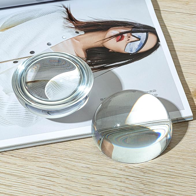 2Pcs 3.1inch Crystal Dome Magnifying Paperweight, Clear Distortion-Free Optics Convex Lens Set for Physics Classroom Home Decor, Paper Weights for Outdoor Events