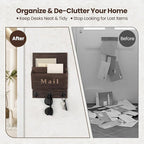 Lucundm Mail and Key Holder - Decorative 9.8" x 12.5" Wall Key Hanger with 2 Mail Organizer Slots and 3 Hooks - Real Paulownia Wood with Keyhole Brackets, Hardware and Instructions (Brown)