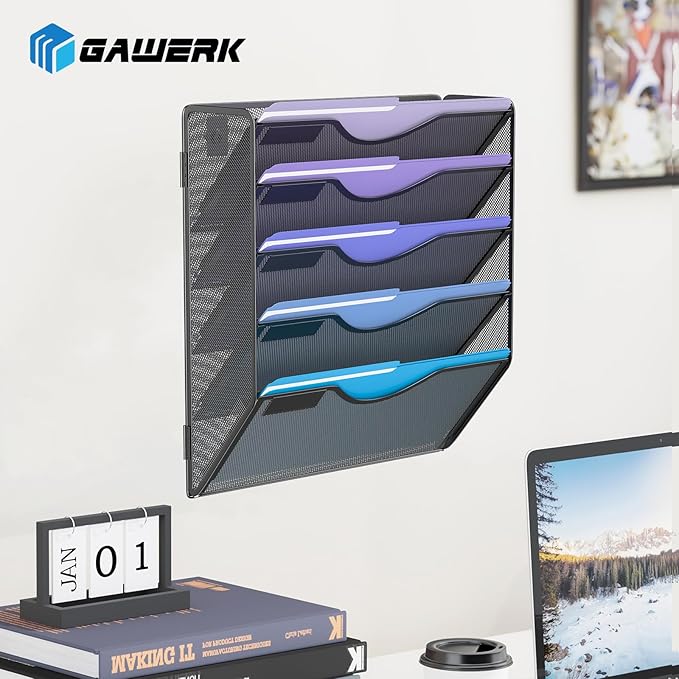 Gawerk 5 Tier Hanging Wall File Organizer, Mesh Mail Paper Orgnization Hanging File Folder Holder for Home Office, Black