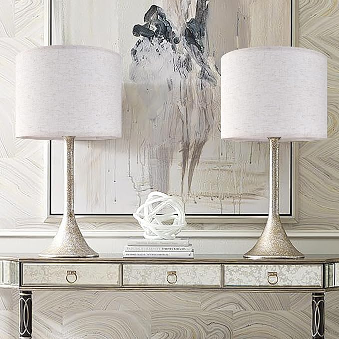 Oatmeal linen Textured Lamp Shades Set of 2 Medium Drum Lampshade 14``Top x 14``Bottom x 11``High(Spider) Farmhouse Lampshade for Table Lamp & Bedside Lamp - Replacement Lampshade