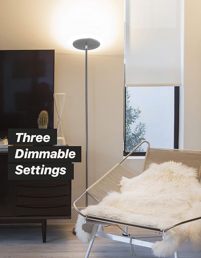 Brightech Sky LED Floor lamp, Torchiere Super Bright Floor Lamp for Living Room Decor & Office - Dimmable, Tall Standing Lamp with Warm Light for Bedroom & Reading - Brushed Nickel
