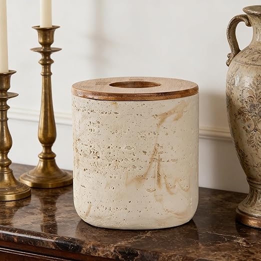 Natural Travertine Textures Beige Mini Trash Can with Bamboo Lid,Small Countertop Trash Can for Bathroom, Kitchen, Vanity, Desk Trash Can,Table Top Mini Garbage Can for Dining Room, Tiny Waste Basket