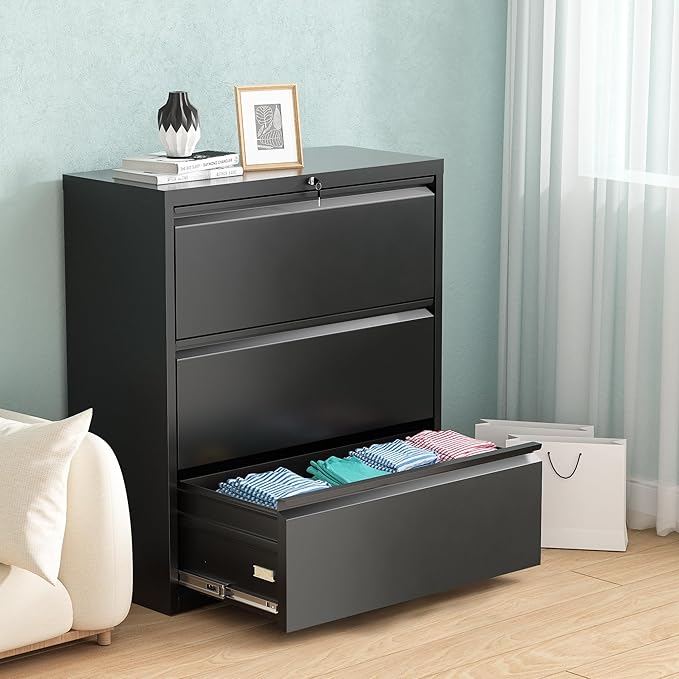 Pataku Metal Lateral File Cabinet with Lock, Steel Lateral Filing Cabinet 3 Drawer, Locking Office Home Wide Organization File Cabinet for Hanging Files Letter/Legal/F4/A4 Size(3Drawer/Black)