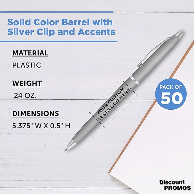 DISCOUNT PROMOS Custom Langham Ballpoint Pens Set of 50, Personalized Bulk Pack - Black Ink, Great for Office, School, Business, Tradeshows - Silver
