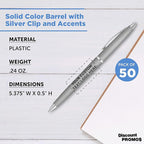 DISCOUNT PROMOS Custom Langham Ballpoint Pens Set of 50, Personalized Bulk Pack - Black Ink, Great for Office, School, Business, Tradeshows - Silver