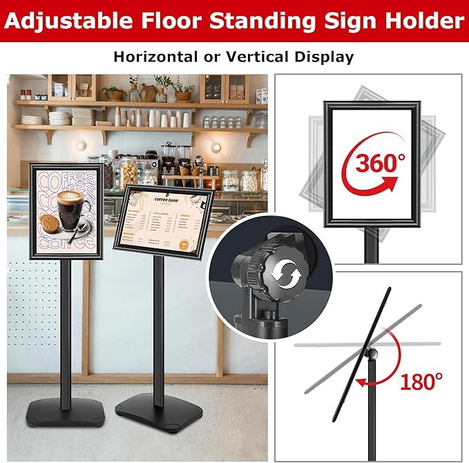 VAIIGO Heavy Duty Sign Holder Stand 8.5x11 Inch - Pedestal Floor Standing Sign Holder with Weighted Base - Vertical & Horizontal Poster/Menu Stand for Indoor/Outdoor Business Store Advertising, Black