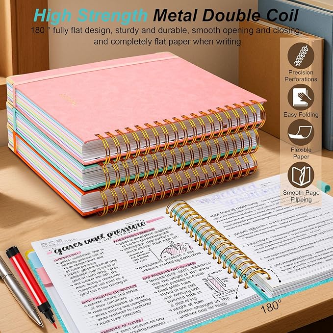 Hardcover Spiral Notebook 6.2"x 8.2" Journal Notebook with Tabs and Removable Dividers 300 Pages 5 Subject Notebook College Ruled, Faux Leather Spiral Bound Notebook for Women School Work (Blue)