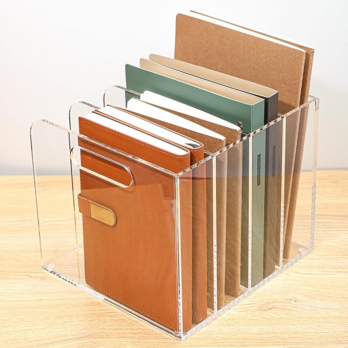 AIDIMOO Acrylic Magazine File Holder, 4 Vertical Compartments Desk Document Sorter Organizer, Clear Folder Rack Binder for Office/Documents/Classroom, for Home, Tablet, Magazines, Books & Accessories
