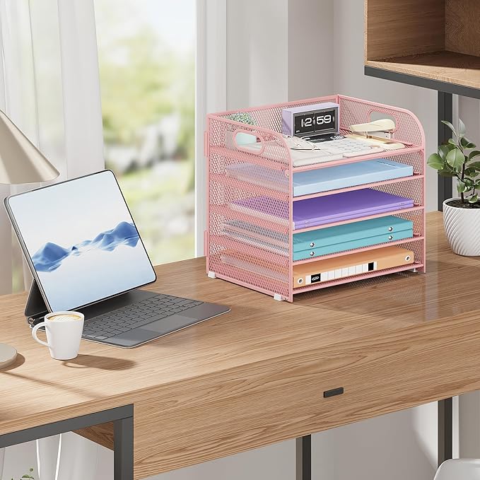 Cawukege 5 Tier Paper Organizer with Handle, Metal Mesh Desk Organizer File Folder Paper Letter Tray Desktop Document Sorter for Classroom, School, Office Accessories Organization and Storage - Pink