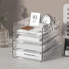 FANXIYQ 4-Tier Acrylic Paper Tray Organizer with Pen Holder | Clear Stackable Desk Organizer for Documents, Letters, A4 Paper | Modern Office/Classroom/Home Organization
