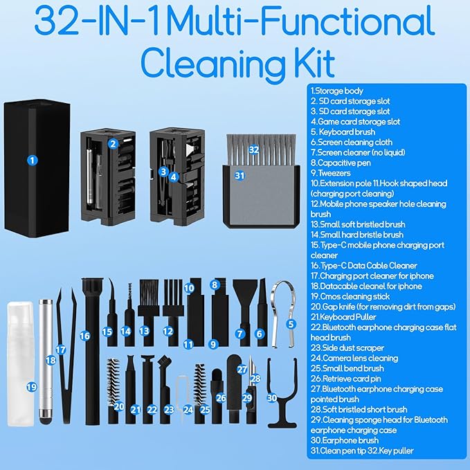 Keyboard Cleaning Kit Laptop Cleaner, 32-in-1 Computer Screen Cleaning Brush Tool, Multi-Function PC Electronic Cleaner Kit Spray for iPad iPhone Pro, Earbuds, Airpods, Camera Lens, Monitor (Black)