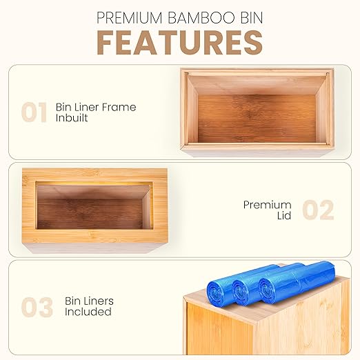 Varnuix Bamboo Trash Can with Bin Liner Built-in Frame and Premium Lid - Wooden Bathroom Trash can, Bamboo Wastebasket for Bathroom, Bedroom, Living Room, Kitchen or Office