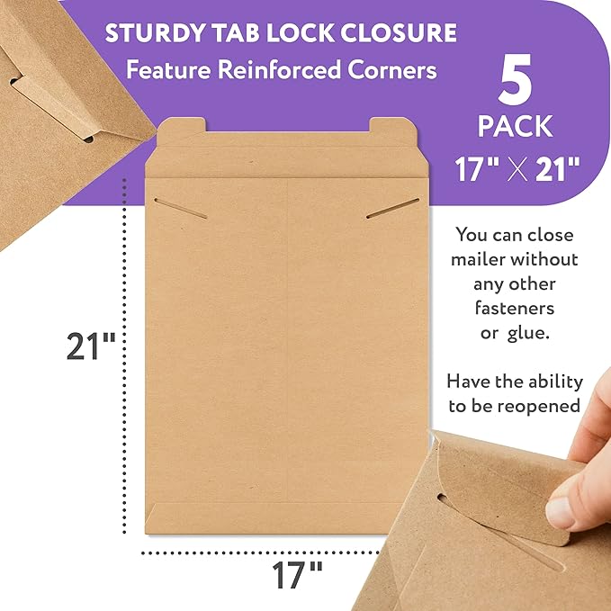 APQ Supply Natural Brown Tab Lock Rigid Mailers, 17 x 21 Inch. Pack of 5 Cardboard Envelopes for Photos, Documents. Sturdy Stay Flat Mailers with Tab Lock Closure. Hard Rigid Shipping Envelopes