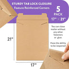 APQ Supply Natural Brown Tab Lock Rigid Mailers, 17 x 21 Inch. Pack of 5 Cardboard Envelopes for Photos, Documents. Sturdy Stay Flat Mailers with Tab Lock Closure. Hard Rigid Shipping Envelopes