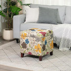 Adeco 18 Inch High Cube Ottoman Storage, Floral Printed Linen Chair Foot Stools, Upholstered Vanity Stool with Hinged Lid, Solid Wood Legs