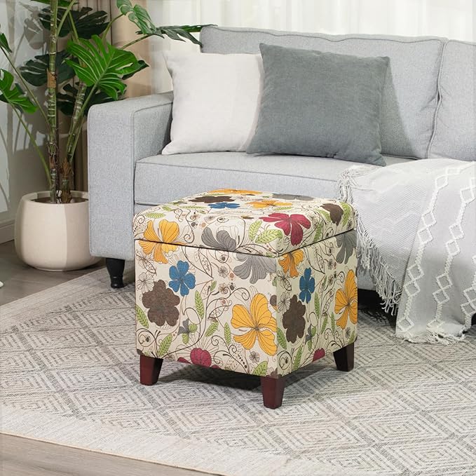 Adeco 18 Inch High Cube Ottoman Storage, Floral Printed Linen Chair Foot Stools, Upholstered Vanity Stool with Hinged Lid, Solid Wood Legs