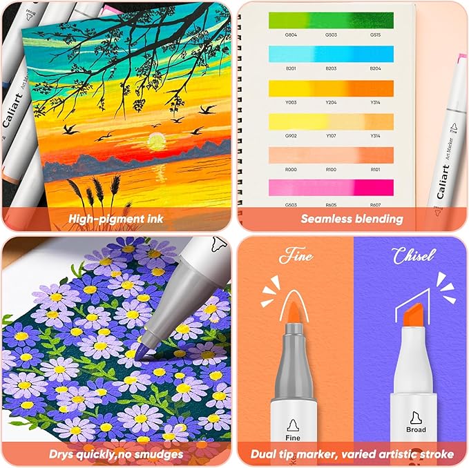 Caliart 121 Colors Alcohol Based Markers, Dual Tip Art Marker Set Chisel & Fine, Permanent Colored Pens for Adults Coloring Book Artists Sketch Illustration Drawing Supplies Gifts