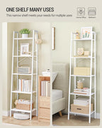 Hzuaneri Ladder Shelf, Bookshelf Bookcase, Freestanding Corner Storage Shelve with 2 Hooks for Home Office, Living Room, Kitchen, Bedroom, Industrial, 11.8" D x 17.3" W x 63" H, White BC19213W