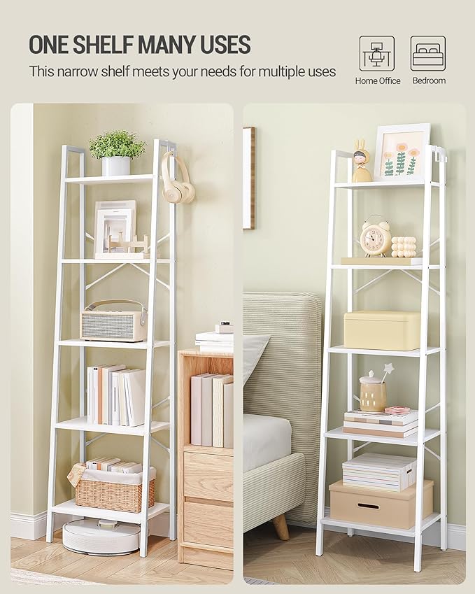 Hzuaneri Ladder Shelf, Bookshelf Bookcase, Freestanding Corner Storage Shelve with 2 Hooks for Home Office, Living Room, Kitchen, Bedroom, Industrial, 11.8" D x 17.3" W x 63" H, White BC19213W