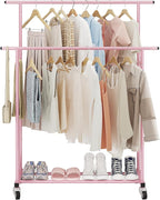 Calmootey Double Rod Clothing Garment Rack,Rolling Hanging Clothes Rack,Portable Clothes Organizer for Bedroom,Living Room,Clothing Store,Pink