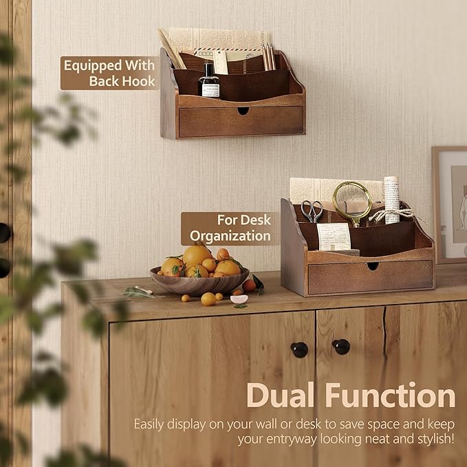 Rebee Vision Pine Wood Mail Organizer for Desk - Retro Farmhouse Mail Holder with Drawer & Dividers - 4-Slot letter paper & Jewelry Sorter, Countertop Mail Organizer for Office Decor(Brown)