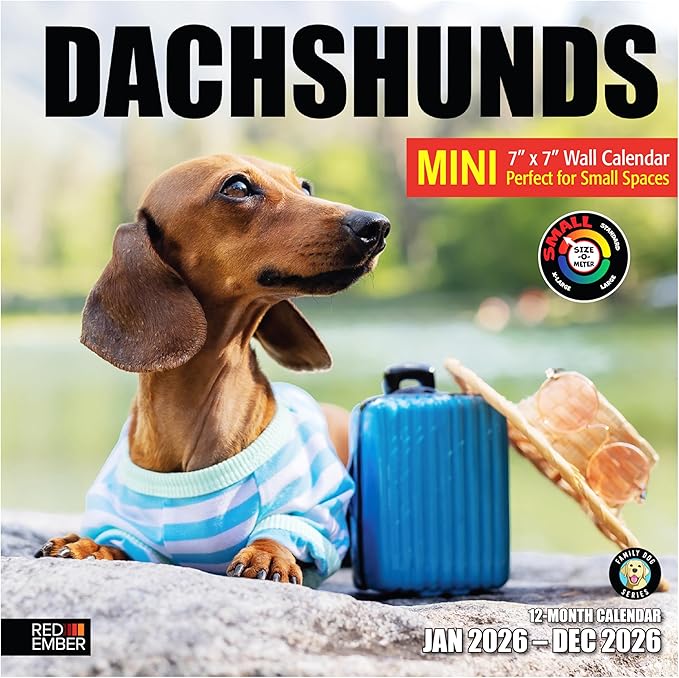 RED EMBER Dachshunds 2026 Mini Wall Calendar 12 Month | 7" x 14" Open | Thick & Sturdy Paper | Holiday Gift | Cute Puppy Weiner Dog Calendar 2026