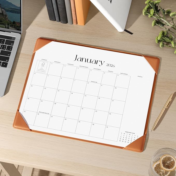 Cabbrix Desk Calendar 2026 with Desktop Mat, Simplified Medium Desk Pad Calendar 15" x 12" January 2026 to June 2027, Desk Blotter Calendar for Home School and Office (Brown)