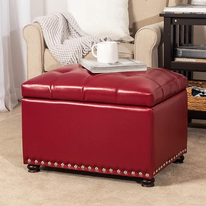 Decent Home 24'' Leather Storage Ottoman Rectangular Foot Rest Stool with Nailhead Trim for Bedroom Living Room(Red)