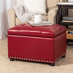 Decent Home 24'' Leather Storage Ottoman Rectangular Foot Rest Stool with Nailhead Trim for Bedroom Living Room(Red)