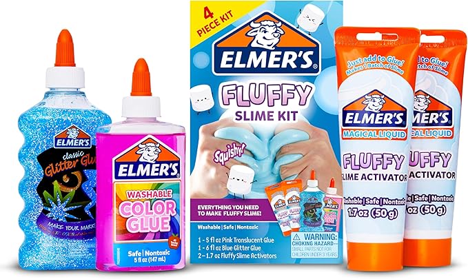 Elmer’s Fluffy Slime Kit, Includes Translucent Color Glue, Glitter Glue, Fluffy Slime Activator, 4 Count - Perfect for Birthday Parties, Gift Idea, Kids Activity