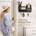 FifthQuarter Key and Mail Holder for Wall, Mail Organizer Wall Mount with 6 Hooks and Storage Drawer, Easy Installation Key Rack for Entryway and Home Decor (B-Black)