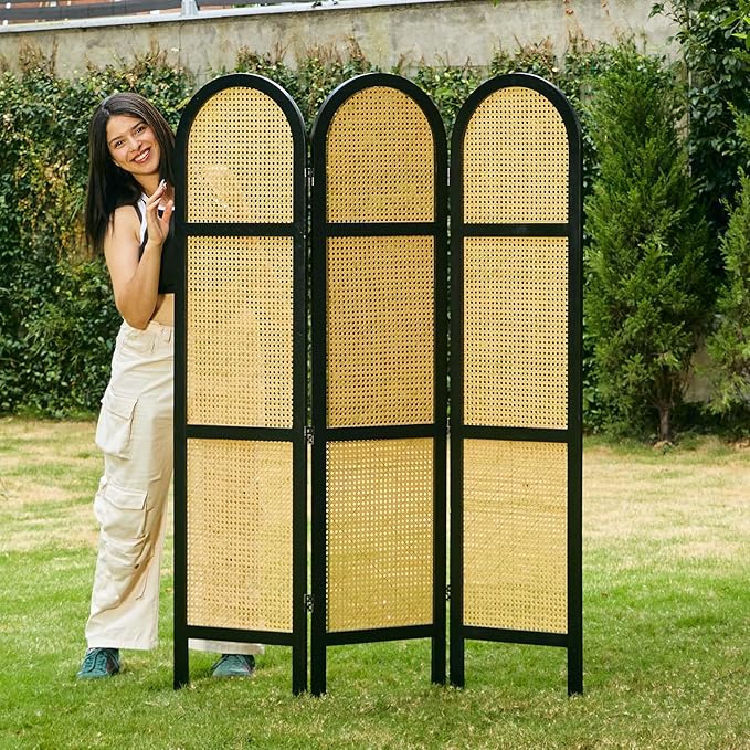 Svimi Room Divider and Folding Privacy Screens, Pine Wood 5.6 Ft Double Hinged Rattan Partition Freestanding Wall Room Divider for Home - 3 Panels