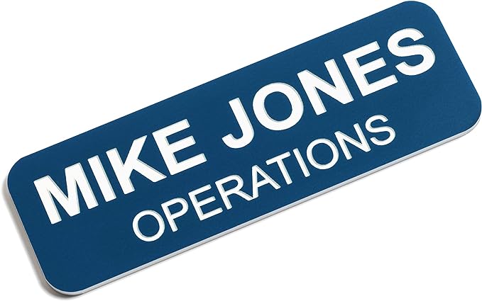 Custom Engraved Name Tag Badges – Personalized Identification with Pin or Magnetic Backing, 1 Inch x 3 Inches, Blue/White