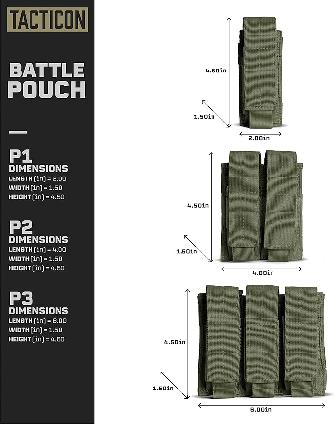 Tacticon P1 P2 P3 BattlePouch | Universal Pistol Mag Pouch | Combat Veteran Owned Company | Molle Single Double Triple Pistol Magazine Holster for Ammo | Tactical Bag Accessories Holder