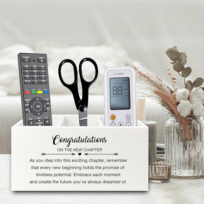 XPH Congratulations Gift Pen Pencil Holder Organizer for Desk, Graduation Gifts, New Job Gifts, Congratulations on the New Chapter Wooden Box Sign for Home Office Desk Tabletop Decorations
