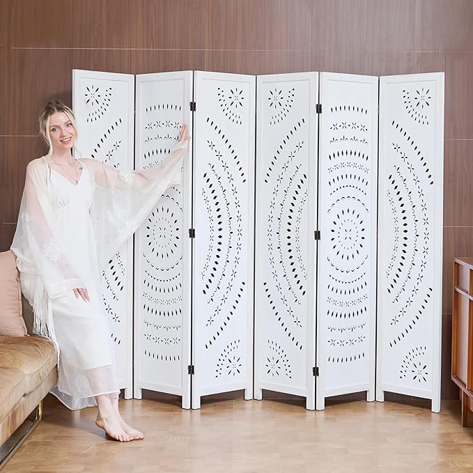 5.6 Ft Folding Room Divider, Portable Privacy Screen & Partition, No Assembly Required for Use as Cat Litter Box Cover, Clutter Hider, Room Separator, 6 Panels (White)