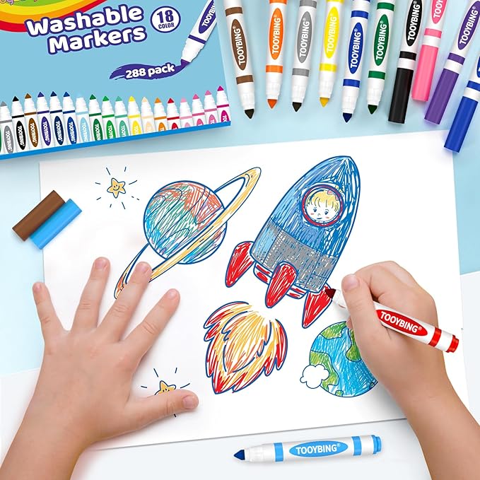 TooyBing Washable Markers Bulk (288 Count), 18 Assorted Colors, Washable Markers for Kids Classroom School, Broad Tip Durable for Back to Classroom Art School Supplies Essentials