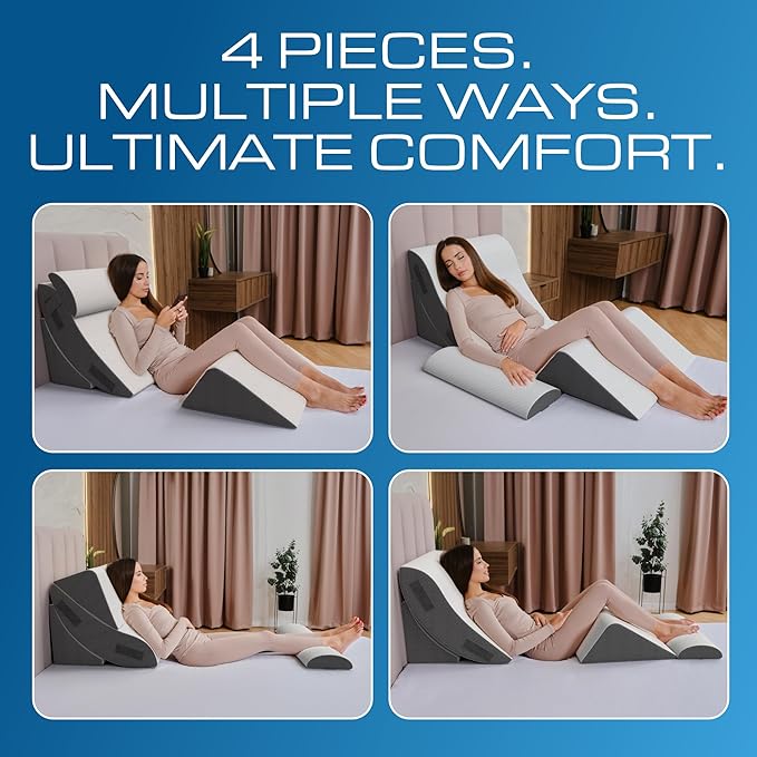 Kolbs 4pcs Orthopedic Bed Wedge Pillow Set for After Surgery, Sleep Apnea Pillow | Stylish Plush Velvet Cover | Deluxe Cushion Set for Sleeping and Acid Reflux, Sleep Apnea Devices (4 Piece Wedge Set)