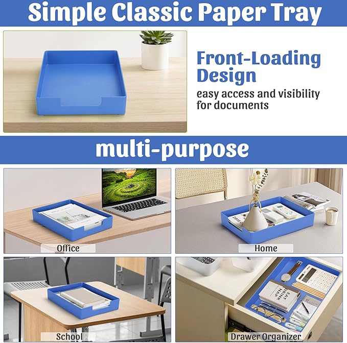 AZFUNN Letter-Size Tray Desk Letter Tray Paper Tray, Sturdy Heavy-Duty Plastic Printer Paper Tray, Single-Tier Stackable File Storage Organizer for Office Home (1, Blue)