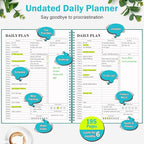 Planner Undated, Asten Daily Planner Agenda with to Do List, Hourly Schedules for Women and Men, Spiral Appointment Book with Elastic Closure, Inner Pocket 8.5" x 11" (Blue)