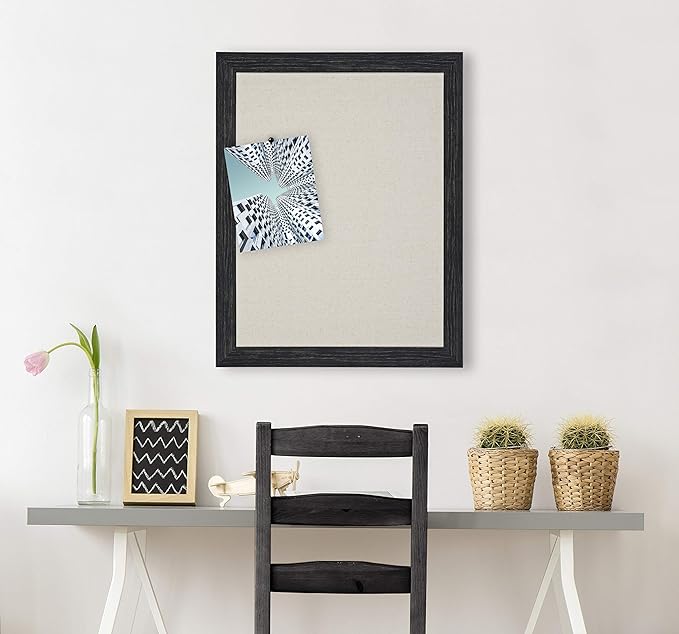 DesignOvation Beatrice Framed Linen Fabric Pinboard, 23" x 29", Distressed Black, Rustic Wall Organization