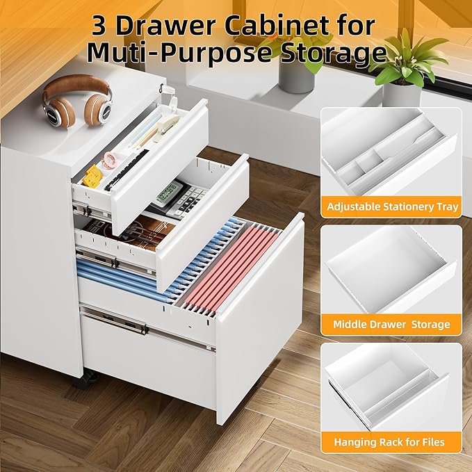 INTERGREAT 3 Drawer Filing Cabinet with Lock, White Mobile File Cabinet with Wheels, Rolling Small Metal Cabinets Under Desk for Home Office, Assembled