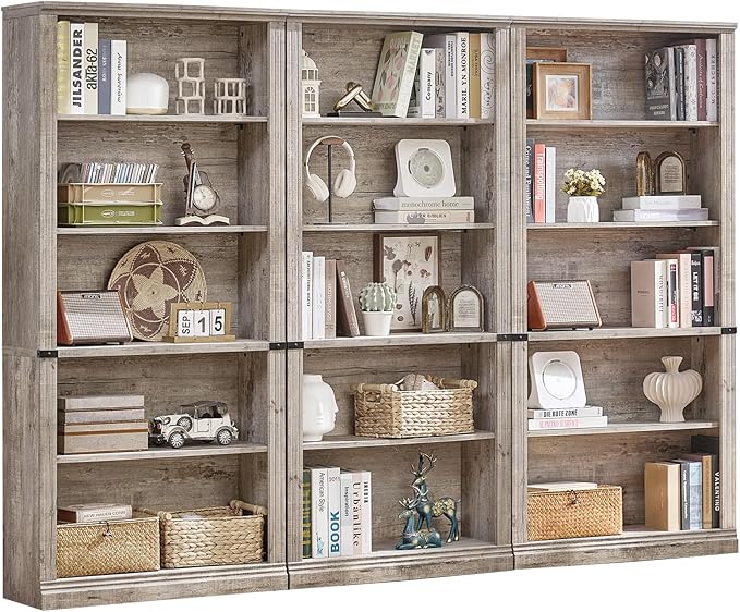 RWYHG 70" Grey Tall Bookshelf Set of 3,5-Tier Thick Wooden Book Shelf with Adjustable Shelves,Free Standing Farmhouse Bookcase with Open Display Storage,Floor Vintage Bookshelves for Living Room