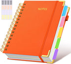 Hardcover Spiral Notebook journal with Removable Dividers Tabs, 300 Pages Leather 5 Subject Notebook College Ruled, 100GMS Notebooks for Work School Note taking,Lined Journal for Women,A5 Orange