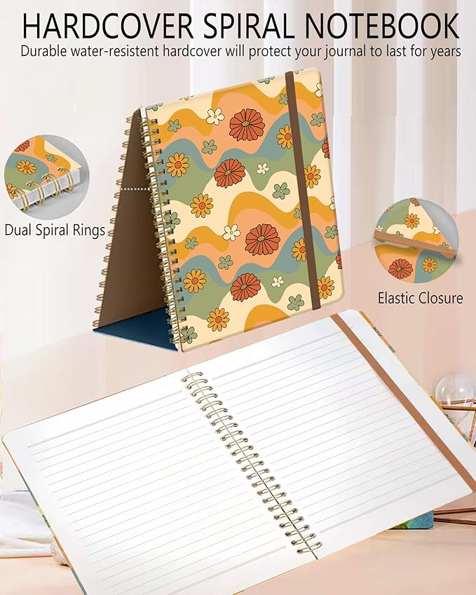 DHGPTS Spiral Journal Notebook, A5 Cute Notebooks for Women Men, College Ruled Hardcover Notebook for Work & Note Taking, 60 Pages Double-Wire Journals for Writing, Retro Boho Flowers